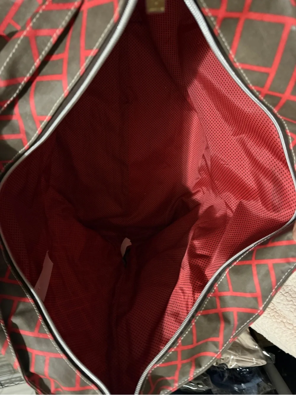 Ellen Tracy Brown Tote with Red Geometric Print and Tan Handles